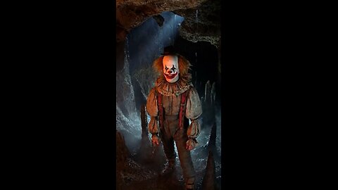 Scary clown in a cave laughing hysterically and then slowly comes out with a knife