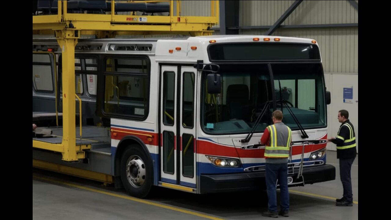 A photograph of workers assembling buses at an NFi factory, in an industrial manufacturing scene.
