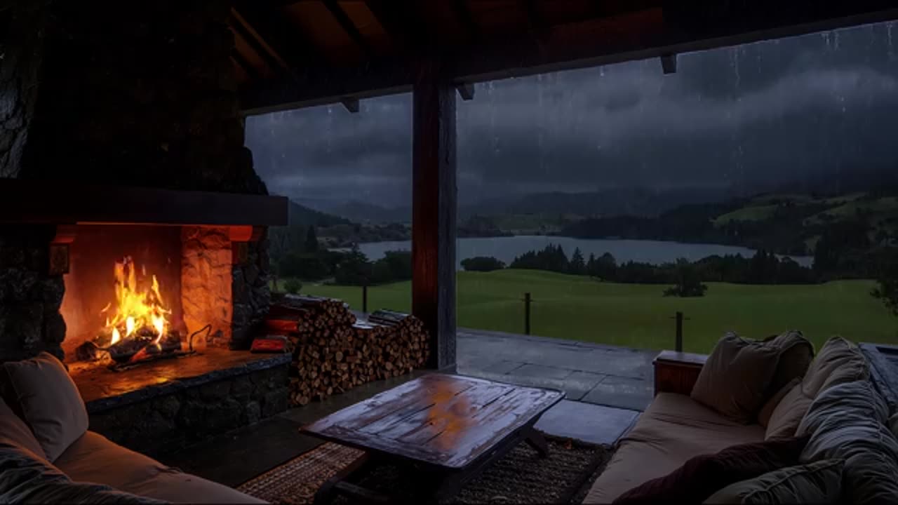 Soft Thunder, Falling Rain & Fireplace Whisper | Cinematic Relaxing Ambience for Sleep & Meditation