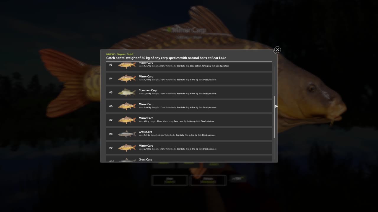 Task Catch a total weight of 30 KG of any CARP, Stage 6 Completed MMXXV, Russian Fishing 4 PC game