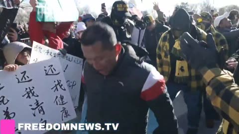 "End the CCP!" chant Proud Boys as they stomp on the banner with Chinese leader Xi