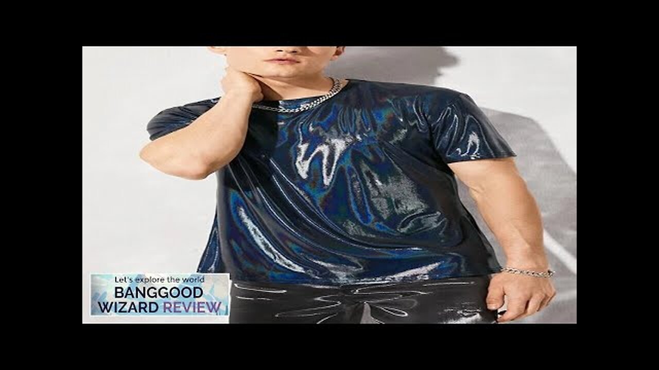 Men Shiny Coating Short Sleeve Crew Neck Skinny T-Shirt Black L Review