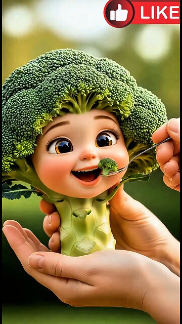 A funny broccoli character who is eating broccoli himself. AI generate funny and entertainment video