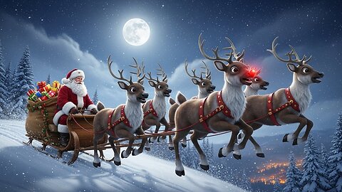 Christmas santa claus riding a sled and Rudolph the Red-Nosed Reindeer, and flying in the sky