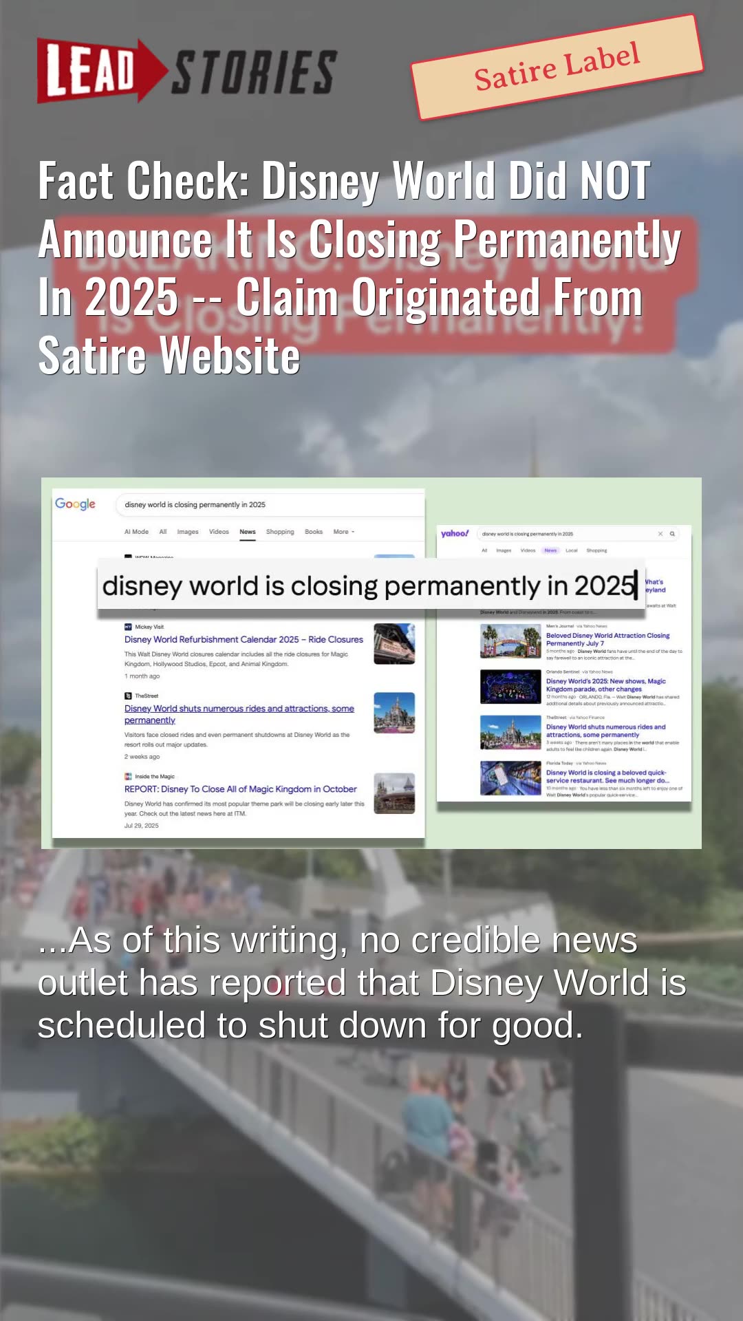 Fact Check: Disney World Did NOT Announce It Is Closing Permanently In 2025 -- Satire Website