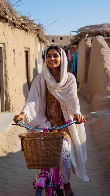Muslim girl wearing ride a cycle in an Pakistan village