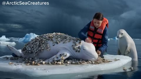 A small whale with a parasitic mussel on the seal's body is looking for someone to save the whale