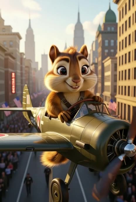 An anthropomorphic chipmunk with expressive, dark eyes commanding a rugged