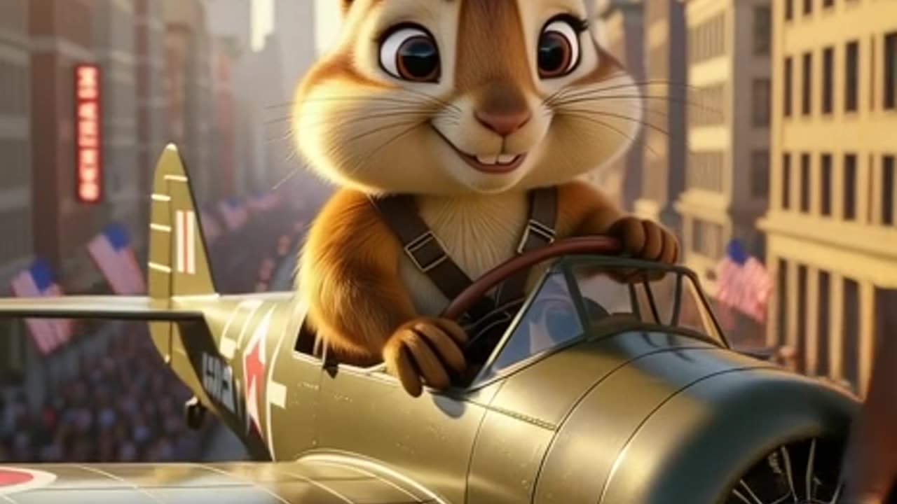 An anthropomorphic chipmunk with expressive, dark eyes commanding a rugged