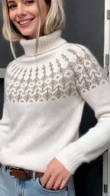 Women's Winter Knit Sweater with Turtleneck & Geometric Pattern
