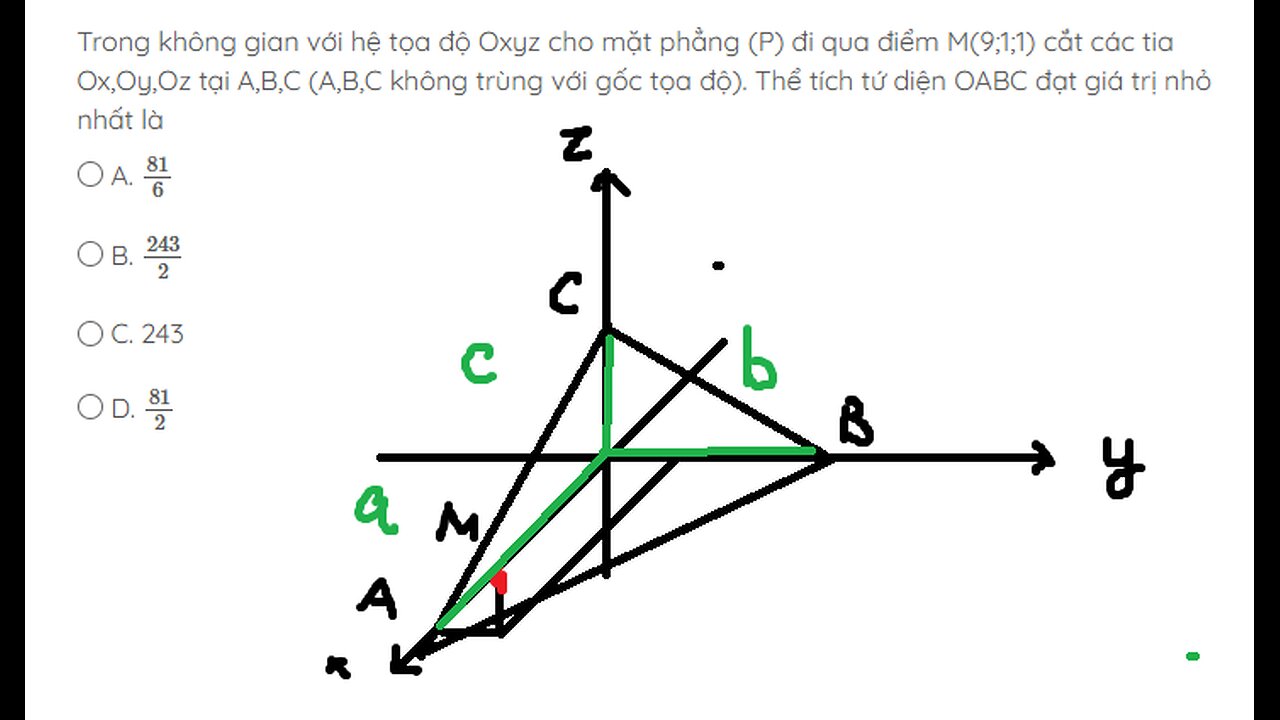 Toán 12: Trong không gian với hệ tọa độ Oxyz cho mặt phẳng (P) đi qua điểm M(9;1;1)