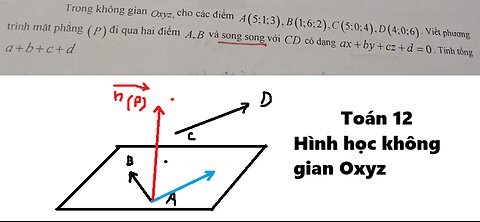 Toán 12: Trong không gian Oxyz, cho các điểm A(5;1;3), B(1;6;2), C(5;0;4), D(4;0;6). Viết ptmp (P)