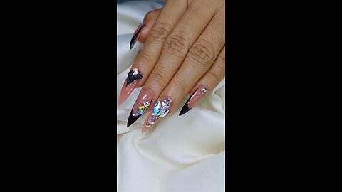 🌸 Elegant Almond Black & Light Pink Nails with Stone Work 💅✨