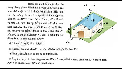 Toán 12: Hình học Oxyz: Hình bên minh họa một nhà kho trong không gian với hai mái EFGH và
