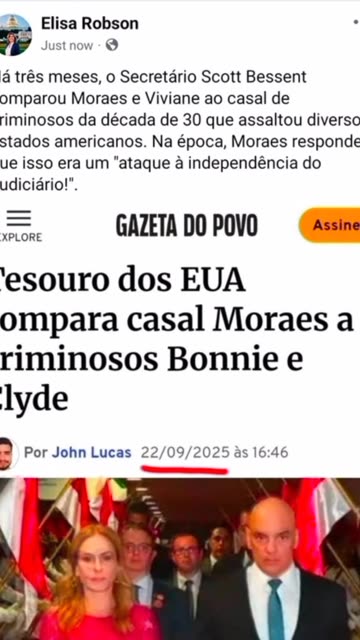 Tesouro dos EUA compara casal Moraes a criminosos Bonnie e Clyde. 😜