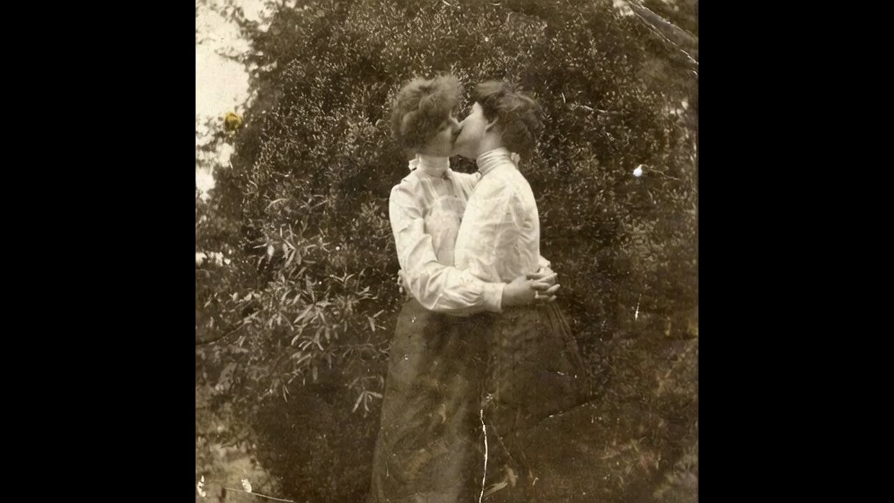Two women share an intimate moment behind the bushes, circa early 1900s. Brought to life with AI.