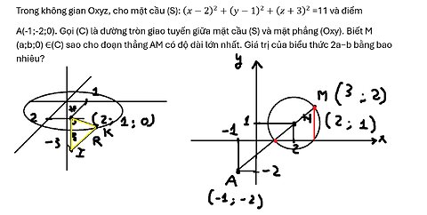 Toán 12: Trong không gian Oxyz, cho mặt cầu (S): (x-2)^2+(y-1)^2+(z+3)^2 =11 và điểm A(-1;-2;0)