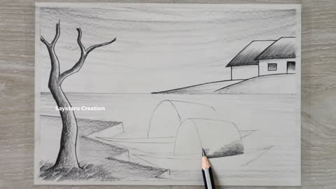 Riverside Village Scenery Drawing with Pencil, Easy Pencil Drawing for Beginners