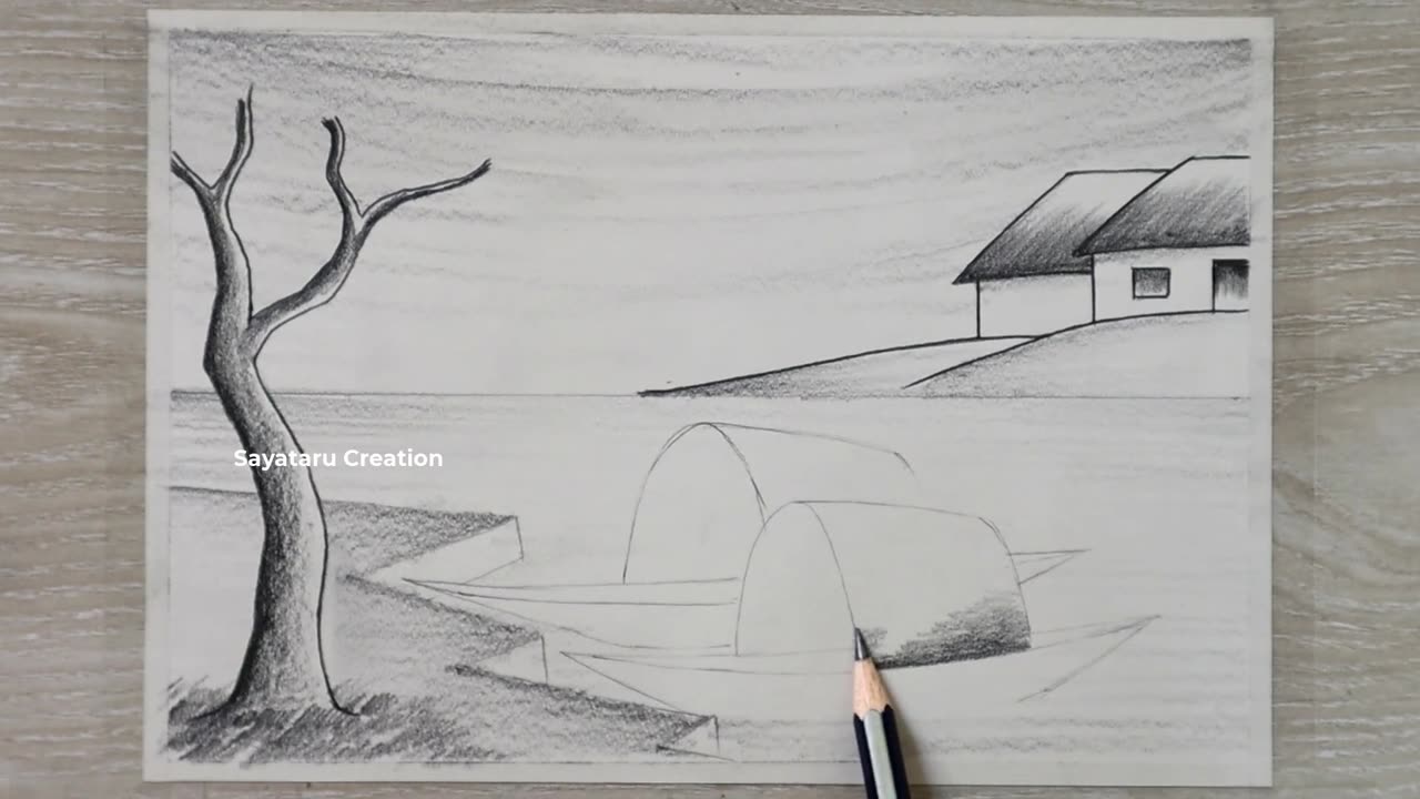 Riverside Village Scenery Drawing with Pencil, Easy Pencil Drawing for Beginners