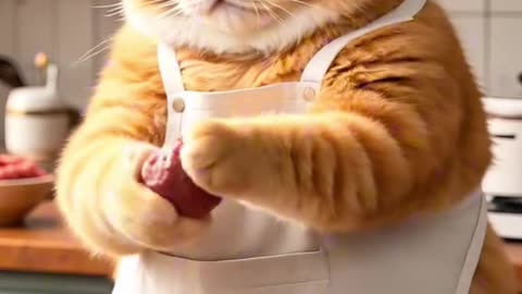 the orange cat is making delicious meatballs