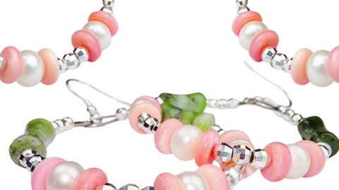 修正----GN-20250107-03 Gemstone earrings Natural pink opal fish Burmese jadeite with freshwater pearls