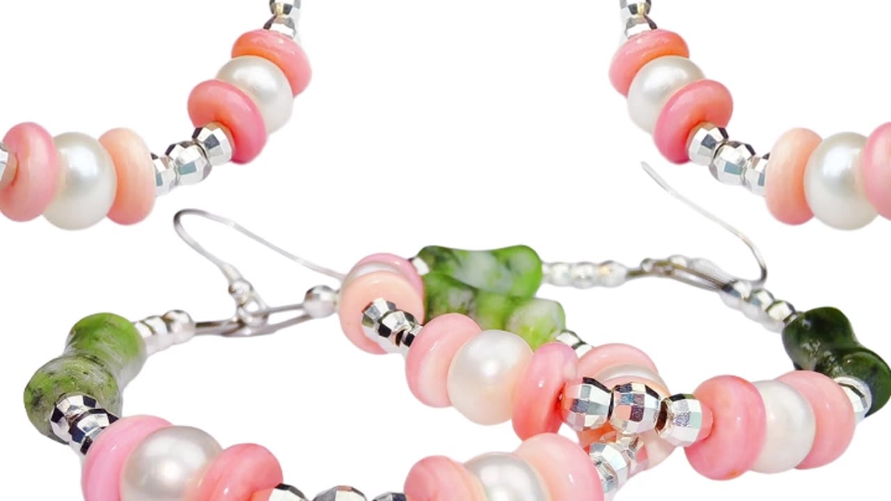 修正----GN-20250107-03 Gemstone earrings Natural pink opal fish Burmese jadeite with freshwater pearls