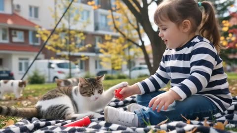 A cat playing with a child