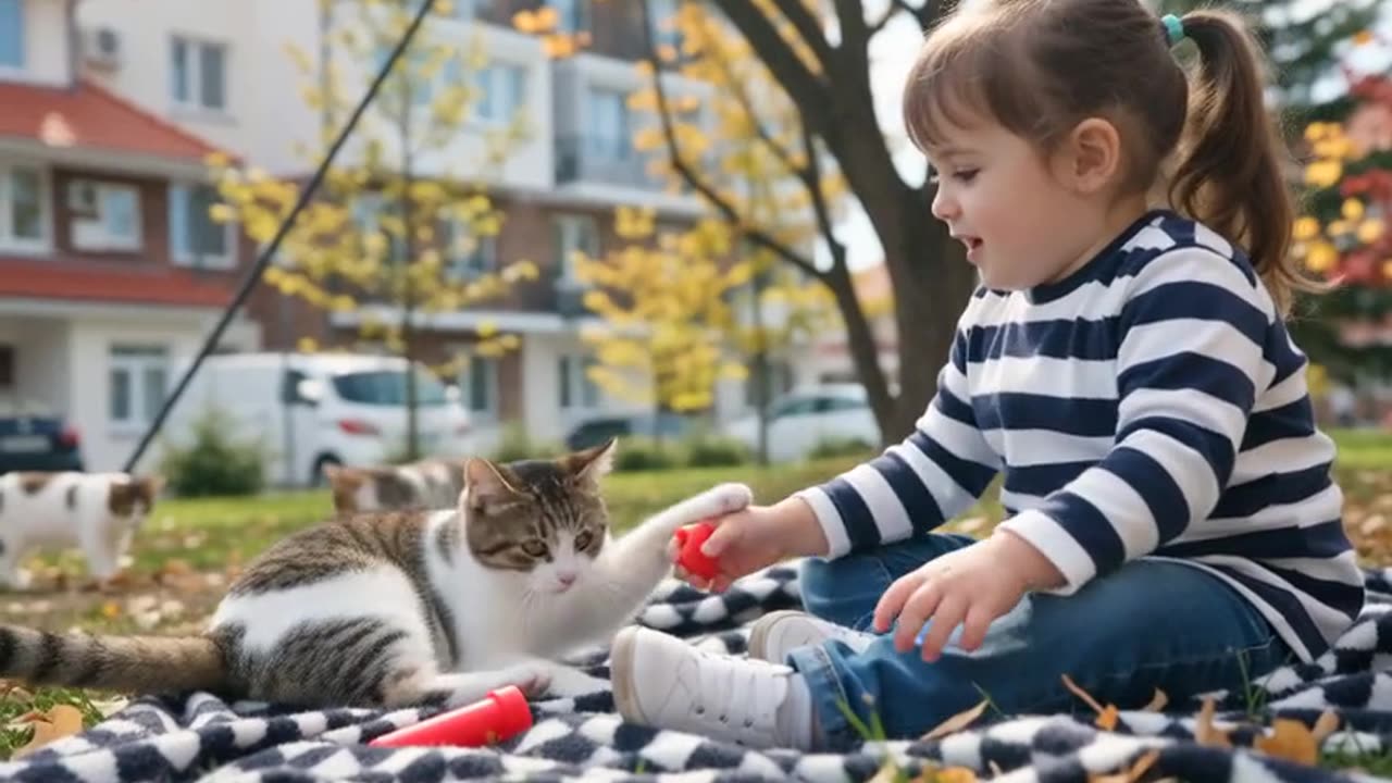 A cat playing with a child