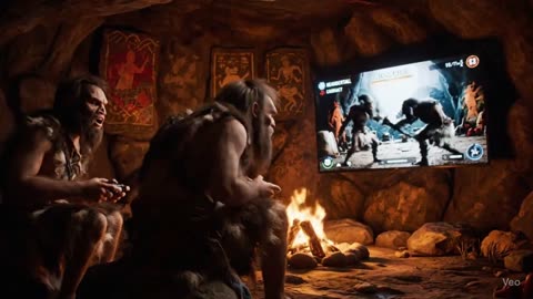 Cavemen playing PlayStation