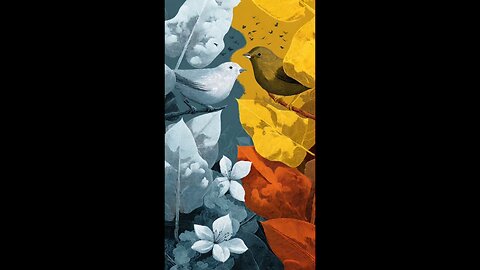 enjoy two leaves talking about their colours and some birds flying over with flowers