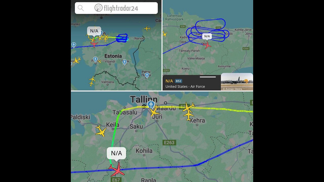 Over Estonia near the Russian border, a U.S. B-52H strategic nuclear bomber is