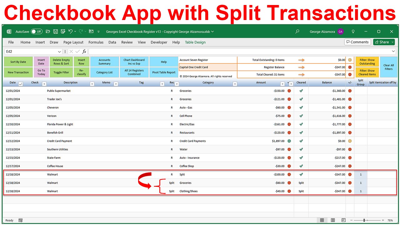 Checkbook Spreadsheet with Split Transactions & Spending Reports