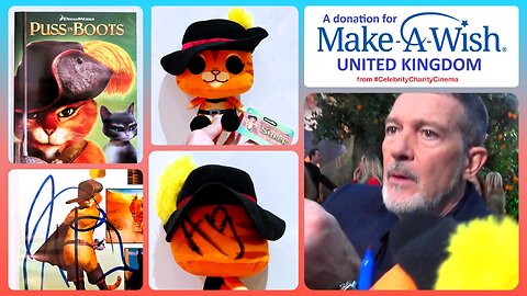 ANTONIO BANDERAS ⭐️ signs Puss In Boots 🐱 soft toy & DVD for Make A Wish UK 🤍💙 charity