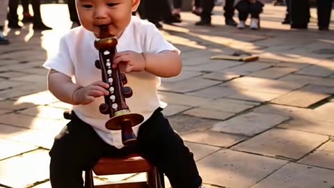 A baby boy playing with flute like a pro