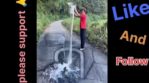 Dog and girl started running after seeing the illusion sketch art made on the road.