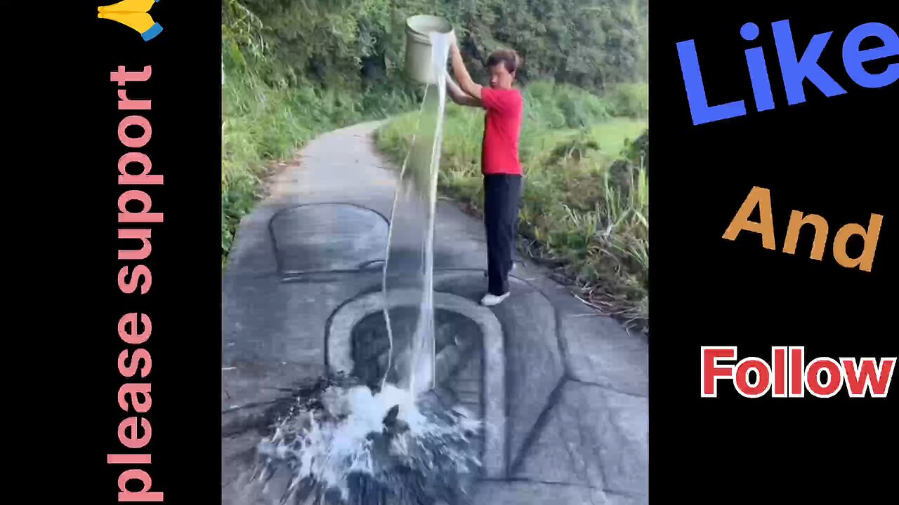 Dog and girl started running after seeing the illusion sketch art made on the road.