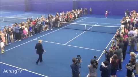 Trump playing tennis with Serena Williams, barefoot in a full suit