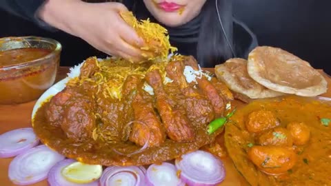 ASMR🔥 SPICY CHICKEN LEG PIECE🍗CURRY,PURI, DUM ALOO,WHITE RICE _FOOD EATING_