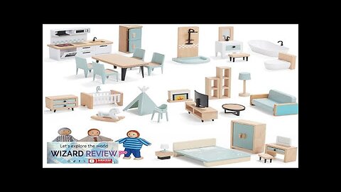 36pcs Wooden Dollhouse Furniture Set with 4 Family Dolls Wood and Plastic Review