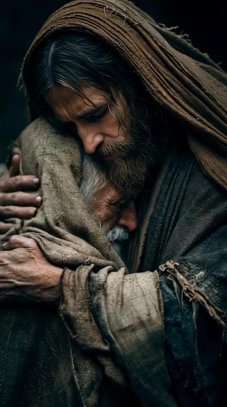 jesus hugging sad poor old man