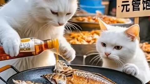 Cat is making a food