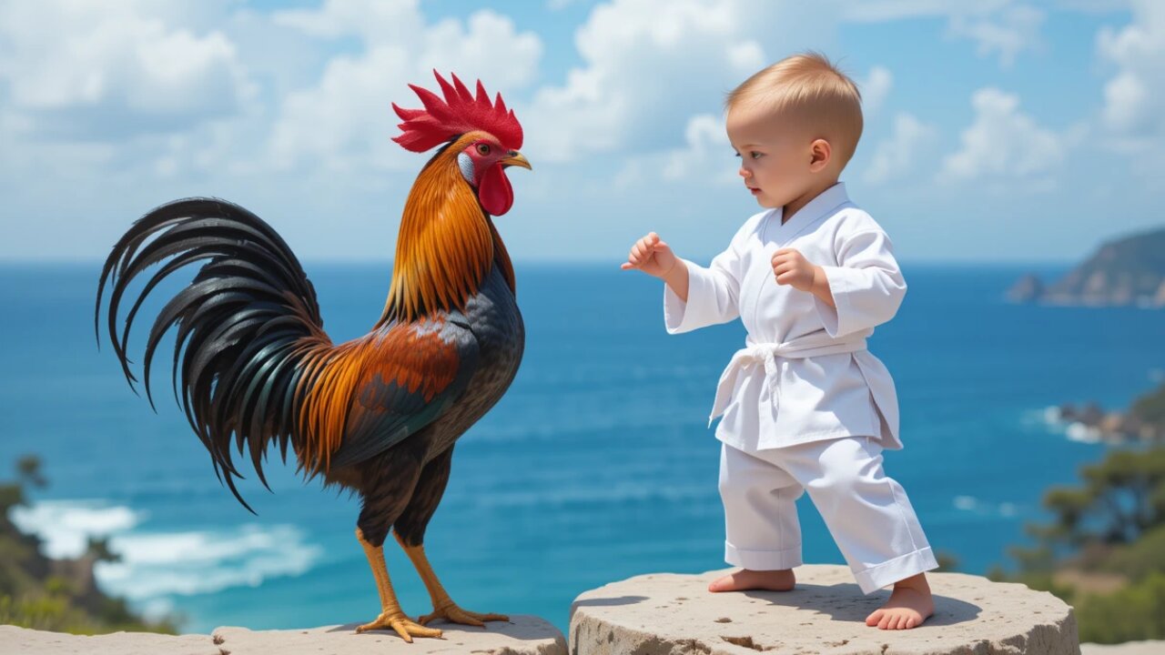 Cutest Karate Duo: Baby and Rooster Take on the World! 🐣