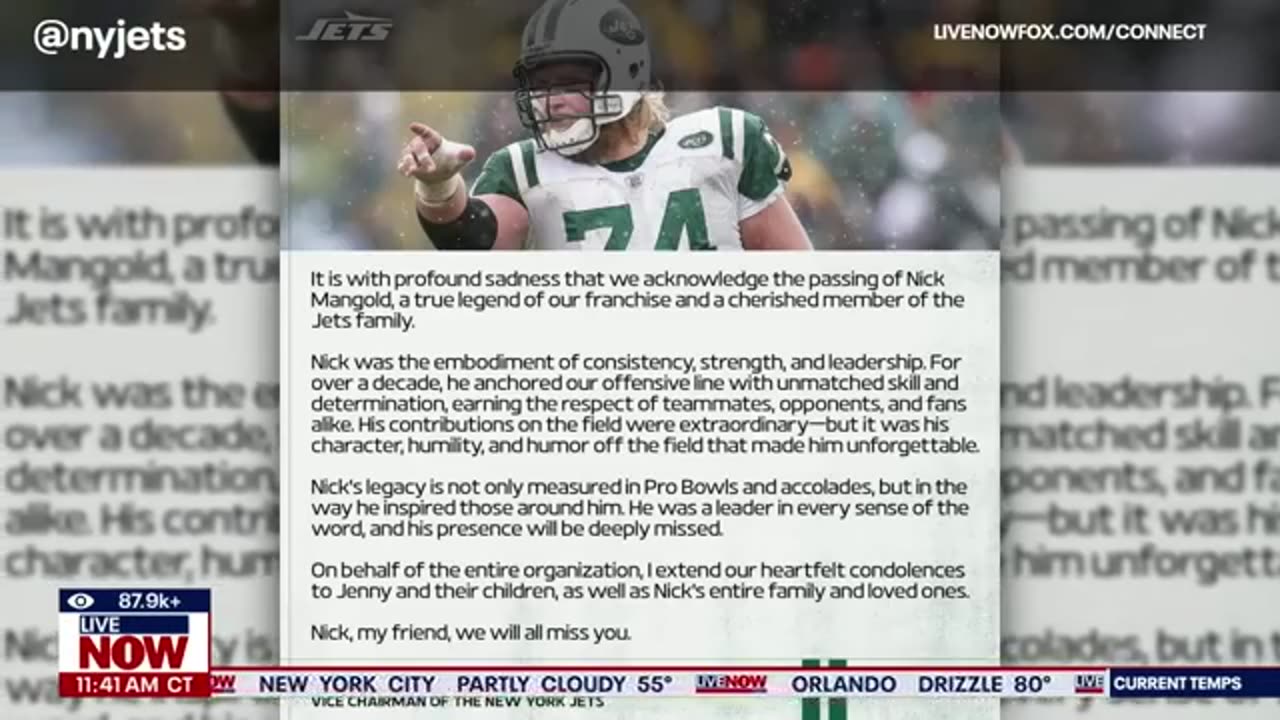Former Jets center Nick Mangold dies at 41