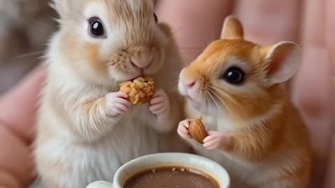 _Fluffy Friendship! White & Brown Bunnies Share a Dessert Party!_#ai#animal#cute