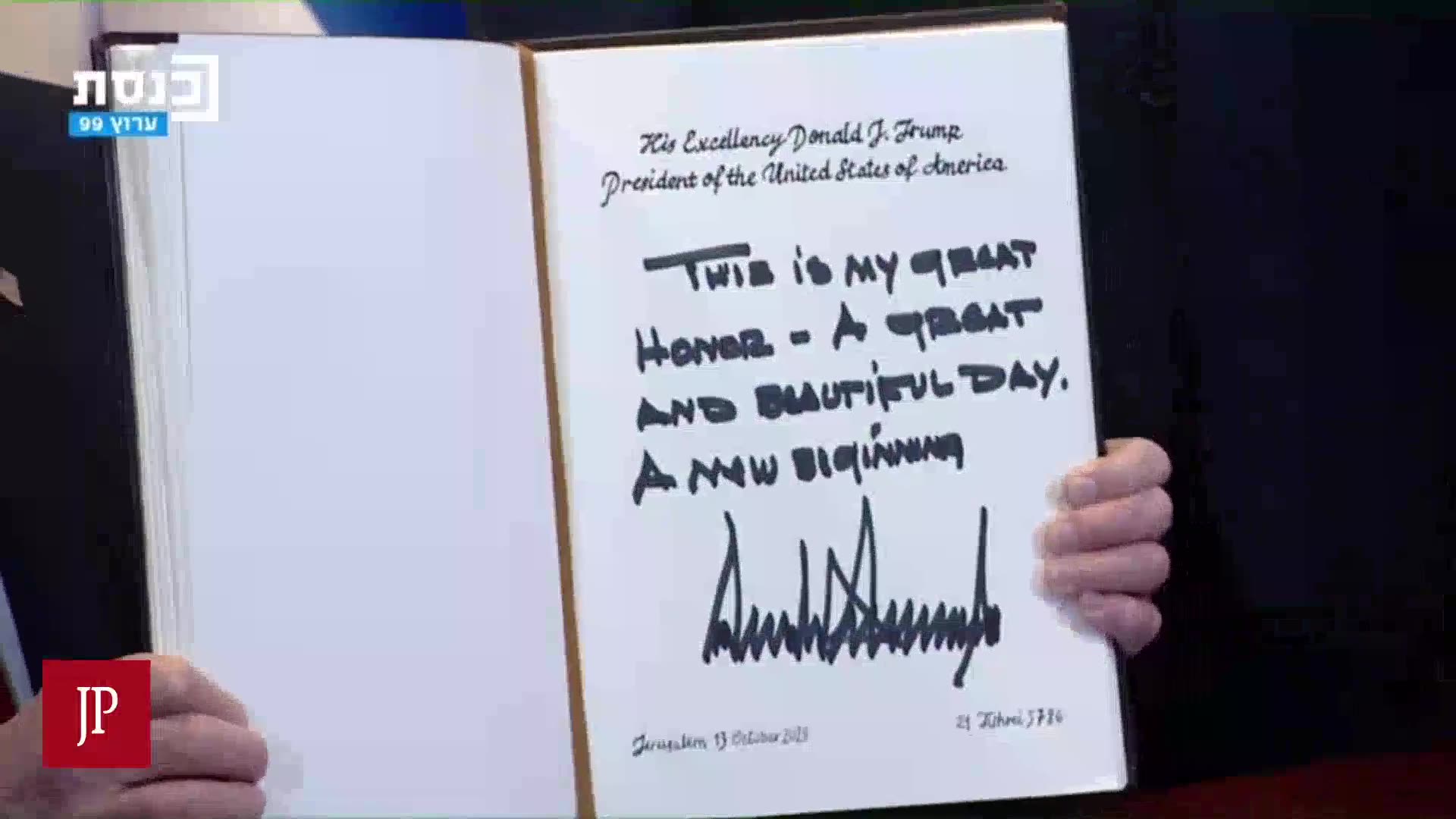 Trump signs message to the Knesset in Israel.