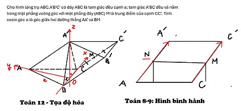 Toán 12: Tọa độ hóa: Cho hình lăng trụ ABC.A'B'C' có đáy ABC là tam giác đều cạnh a