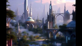 A photograph of BiliBili City, a futuristic urban landscape with fantastical architecture in a seren