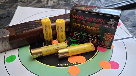 Winchester Elite Defender 20 ga. 2.75" No. 3 Buckshot Load in with 3-shot group and shell breakdown.