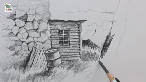 How to draw a Old Cabin in a Scenery Art | Pencil sketch and shading