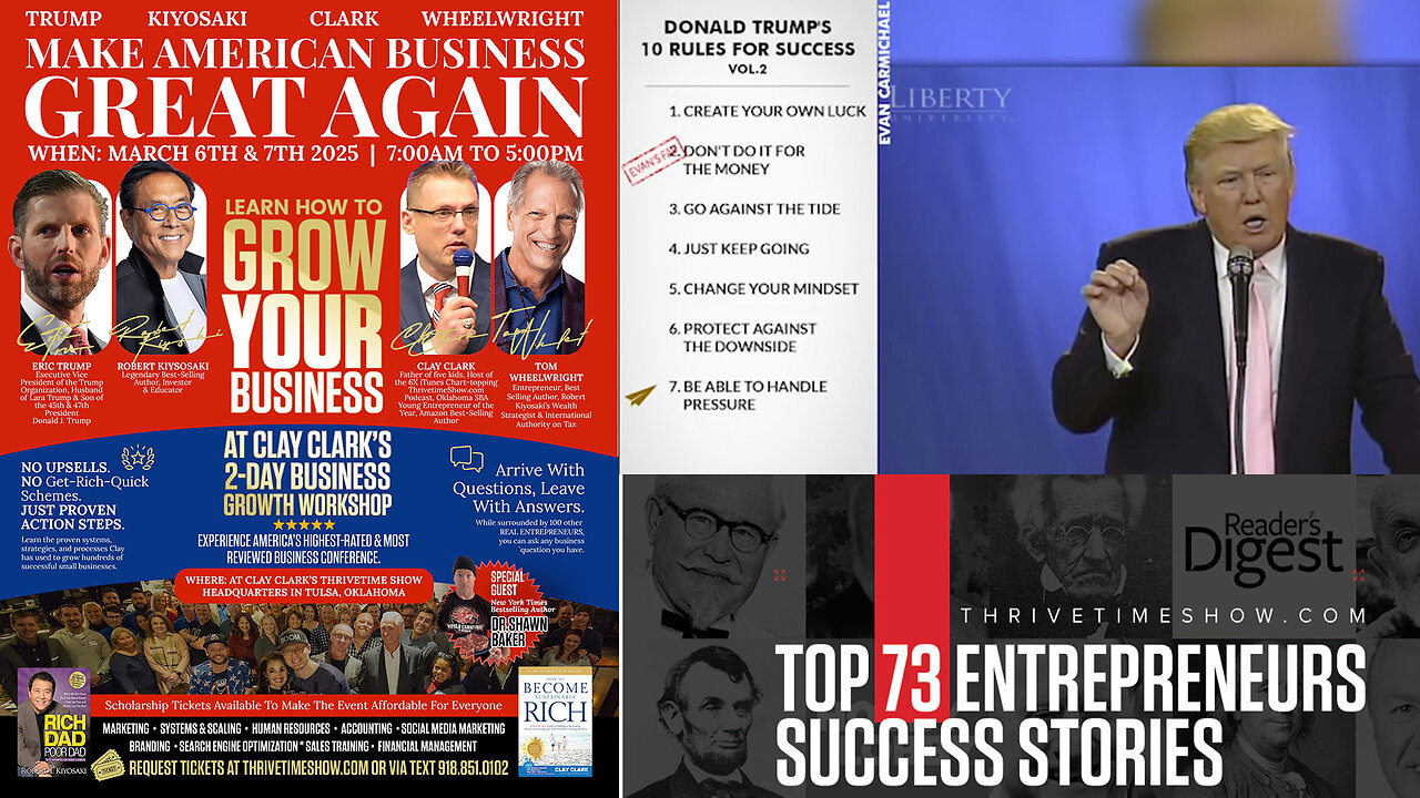 Best Business Podcasts | Donald Trump's 10 Rules for Success + Discover 73 Successful Entrepreneurs That Achieved Massive Success Without a College Degree + Join Eric Trump & Kiyosaki At Clay Clark's March 6-7 Workshop!